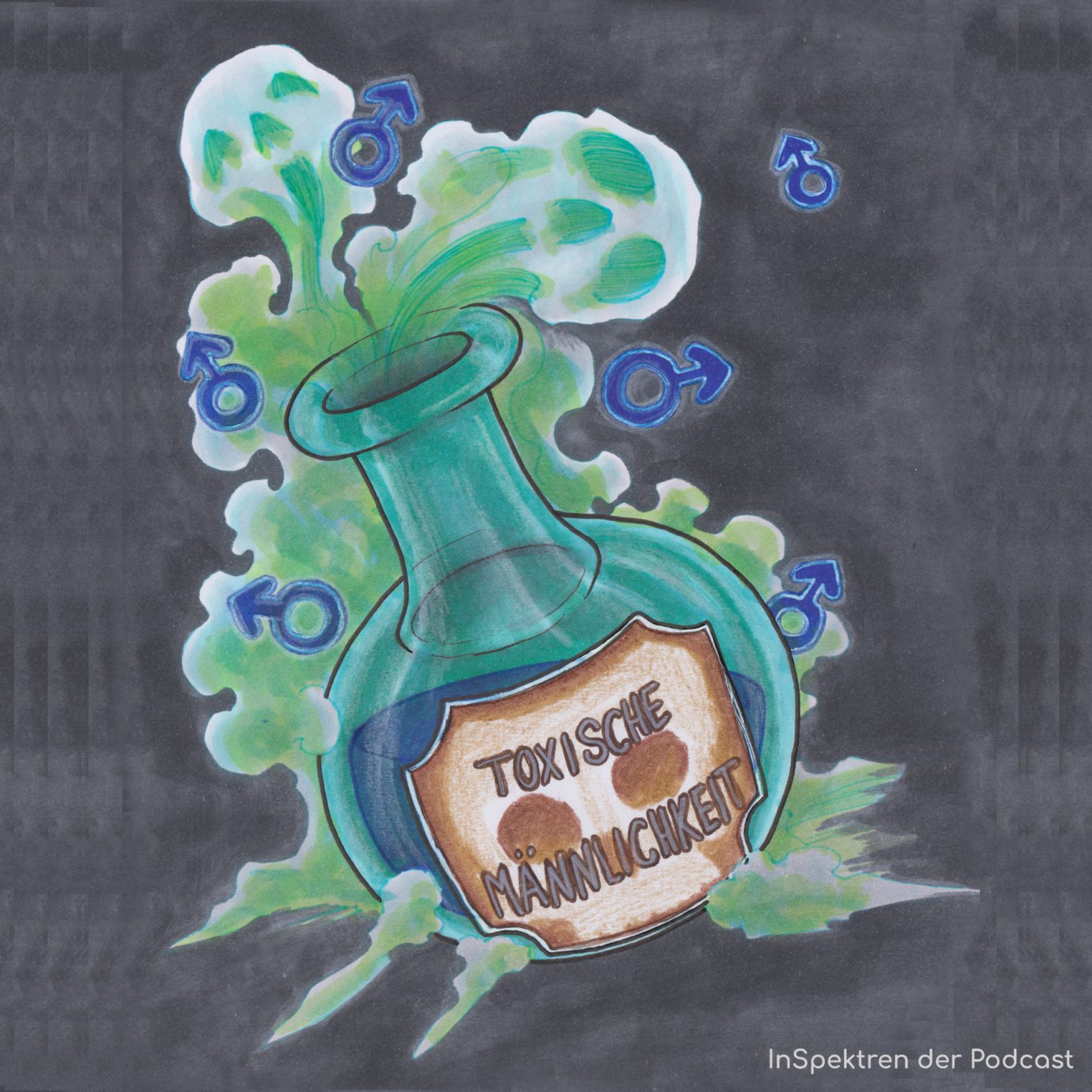 Das Bild zeigt eine bauchige Grünblaue Flasche vor grauem Hintergrund. Aus der Flasche strömt grüner Rauch, in dem einige blaue Marssymbole zu sehen sind. In der Flasche ist blaue Flüssigkeit zu sehen und auf ihr klebt ein braunes Etikett auf dem die schematische Form eines Totenkopfes zu sehen ist. Darauf steht: "Toxische Männlichkeit".