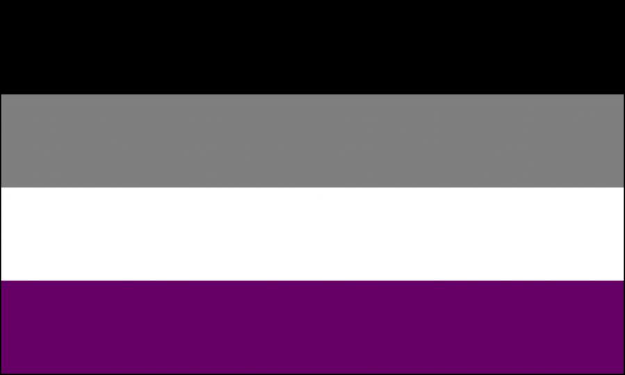 Flagge für Asexualität. Vier horizontale Streifen in den Farben schwarz, grau, weiß und lila (von oben nach unten).