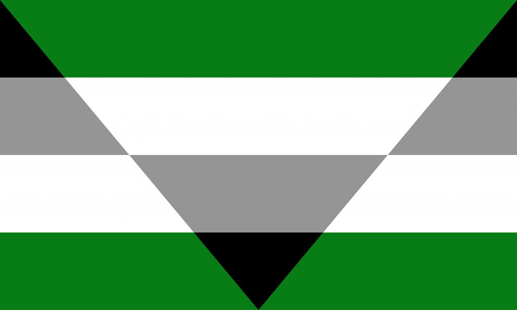 Die Aegroromantische Flagge. Die vier vertikalen Streifen haben die Farben Schwarz, Grau, Weiß und Grün. Sie sind jedoch nicht durchgehend, sondern werden von einem auf der Spitze stehenden Dreieck unterbrochen, das ebenfalls Grün, Weiß, Grau und Schwarz gestreift ist. Durch die entgegengesetzte Reihenfolge der Streifen ergibt sich hier ein Versatz.