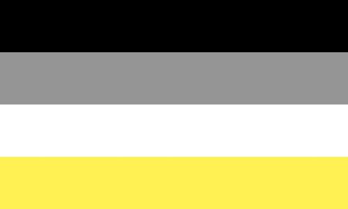 Erster Flaggenvorschlag zu Aplatonik. Die Flagge besteht aus vier horizontalen Streifen in den Farben Schwarz, Grau, Weiß und Gelb. 