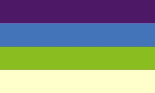 Aplatonische Flagge aus vier horizontalen Streifen in den Farben Lila, Blau, Grün und Creme.