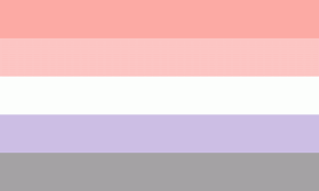 Die Cupioromantische Flagge. Sie besteht aus fünf vertikalen Streifen in Lachsrosa, einem blasseren Rosa, Weiß, Lavendel und Grau.