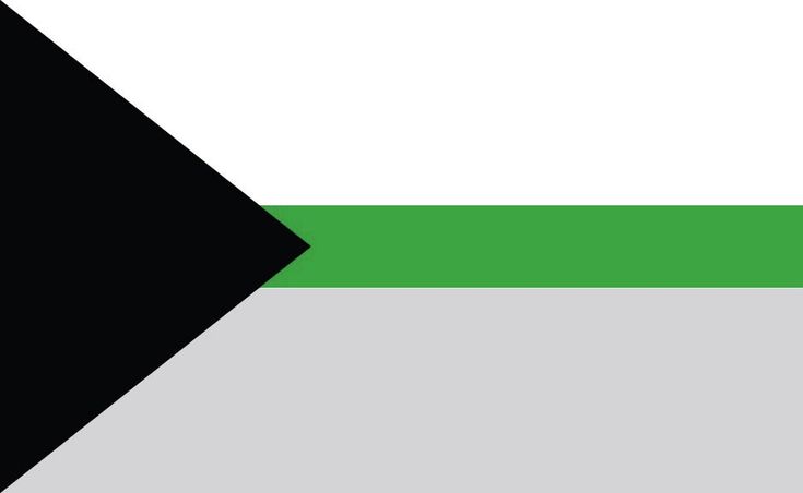 Demiromantische Flagge. Diese ist weiß und grau mit einem schwarzen Dreieck auf der linken Seite. Von der Spitze des Dreiecks verläuft ein vertikaler Streifen, der die Flagge in eine obere weiße und eine untere graue Hälfte teilt.