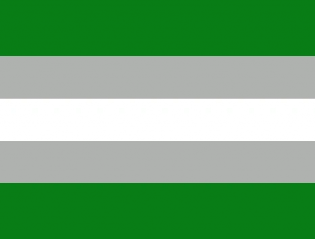 Die Flagge der Grauromantik. Sie besteht aus fünf horizontalen Streifen in den Farben Grün, Grau, Weiß, Grau und Grün.