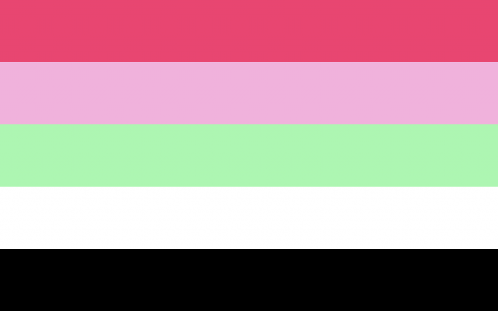 Die reciproromantische Flagge. Sie besteht aus fünf vertikalen Streifen in den Farben Rot, Rosa, Hellgrün, Weiß und Schwarz.