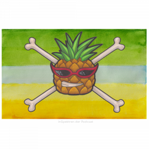 Zeichnung von einer Alloaro Flagge im Stil einer One Peace Piraten Flagge. In der Mitte ist eine Ananas mit einer roten Sonnenbrille und breitem Grinsen zu sehen. Unter der Ananas befinden sich zwei gekreuzte Knochen. Im Hintergrund sind die ineinander verlaufenden Farben der Alloaro-Flagge zu sehen.