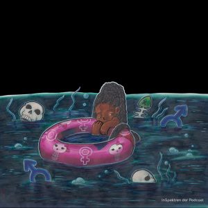 Zu sehen ist Asenia eines der Maskottchen von InSpektren. Asenia klammert sich an einen pinken Schwimmreifen, der auf schmutzigem dunklen Wasser schwimmt. Auf dem Schwimmreifen ist mehrfach das Venussymbol aufgedruckt. Dazwischen sind Totenköpfe mit aufgemalten Wimpern und rosa Maschen am Kopf zu sehen. Im dunklen Wasser rund um Asenia und den Schwimmreifen schwimmen mehrere Totenköpfe und Fischgreten. Dazwischen sind Luftblasen und zwei blaue Marssymbole zu sehen.