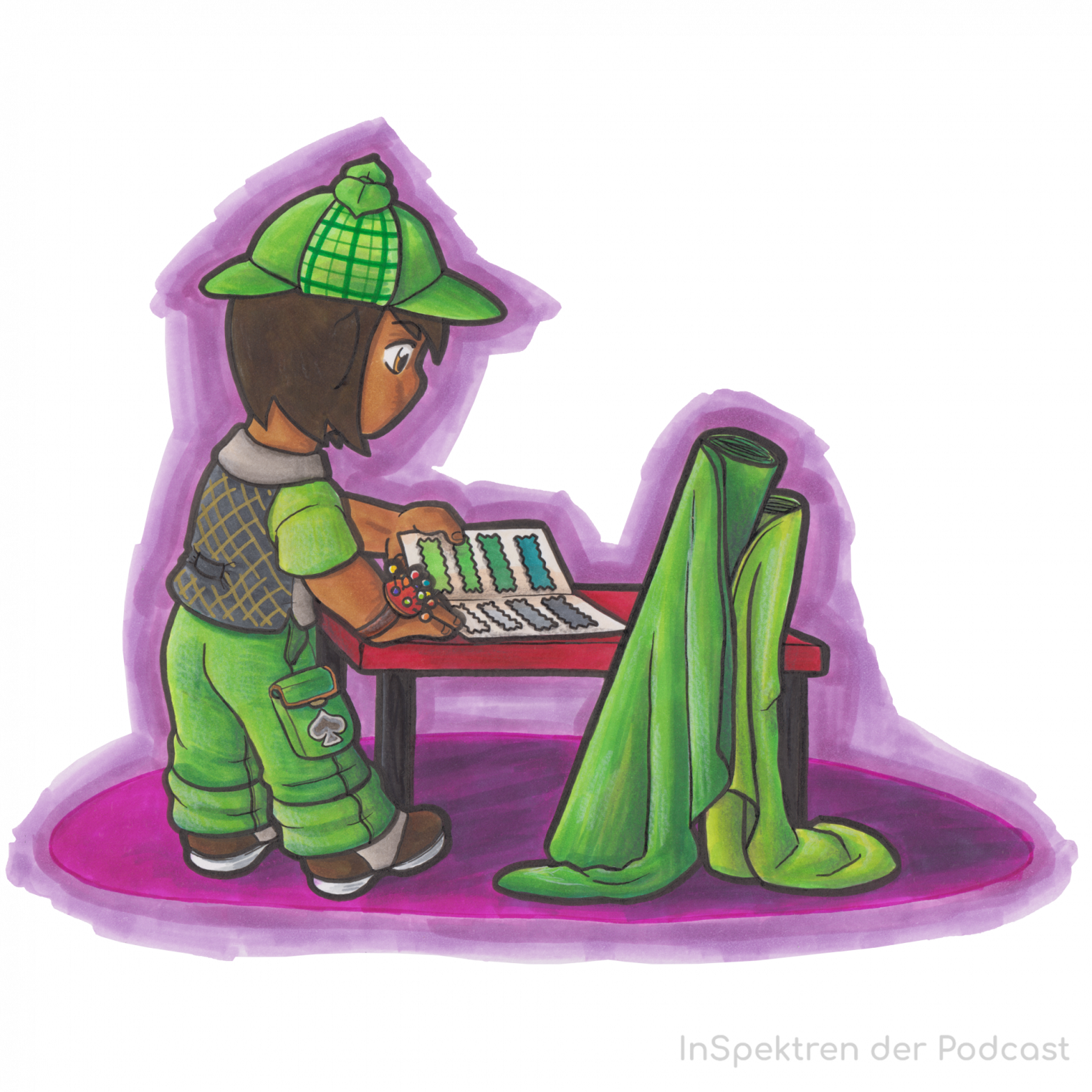 Das Bild zeigt Aron eines der Maskottchen von InSpektren. Aron trägt eine Kappe sowie grüne Hose und eine karrierte graue Weste. Außerdem hat Aron ein Band mit einem Nadelkissen ums Handgelenk gebunden. Aron steht an einem Tisch, an dem außerdem zwei Rollen mit grünen Stoffen lehnen und blättert in einem Heft. In diesem sind Stoffproben in unterschiedlichen Grüntönen sowie in Schwarz, Grau und Weiß - also in den Farben des aromantischen Spektrums - zu sehen.