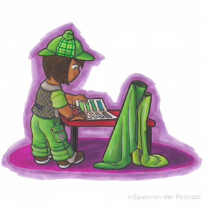 Das Bild zeigt Aron eines der Maskottchen von InSpektren. Aron trägt eine Kappe sowie grüne Hose und eine karrierte graue Weste. Außerdem hat Aron ein Band mit einem Nadelkissen ums Handgelenk gebunden. Aron steht an einem Tisch, an dem außerdem zwei Rollen mit grünen Stoffen lehnen und blättert in einem Heft. In diesem sind Stoffproben in unterschiedlichen Grüntönen sowie in Schwarz, Grau und Weiß - also in den Farben des aromantischen Spektrums - zu sehen.