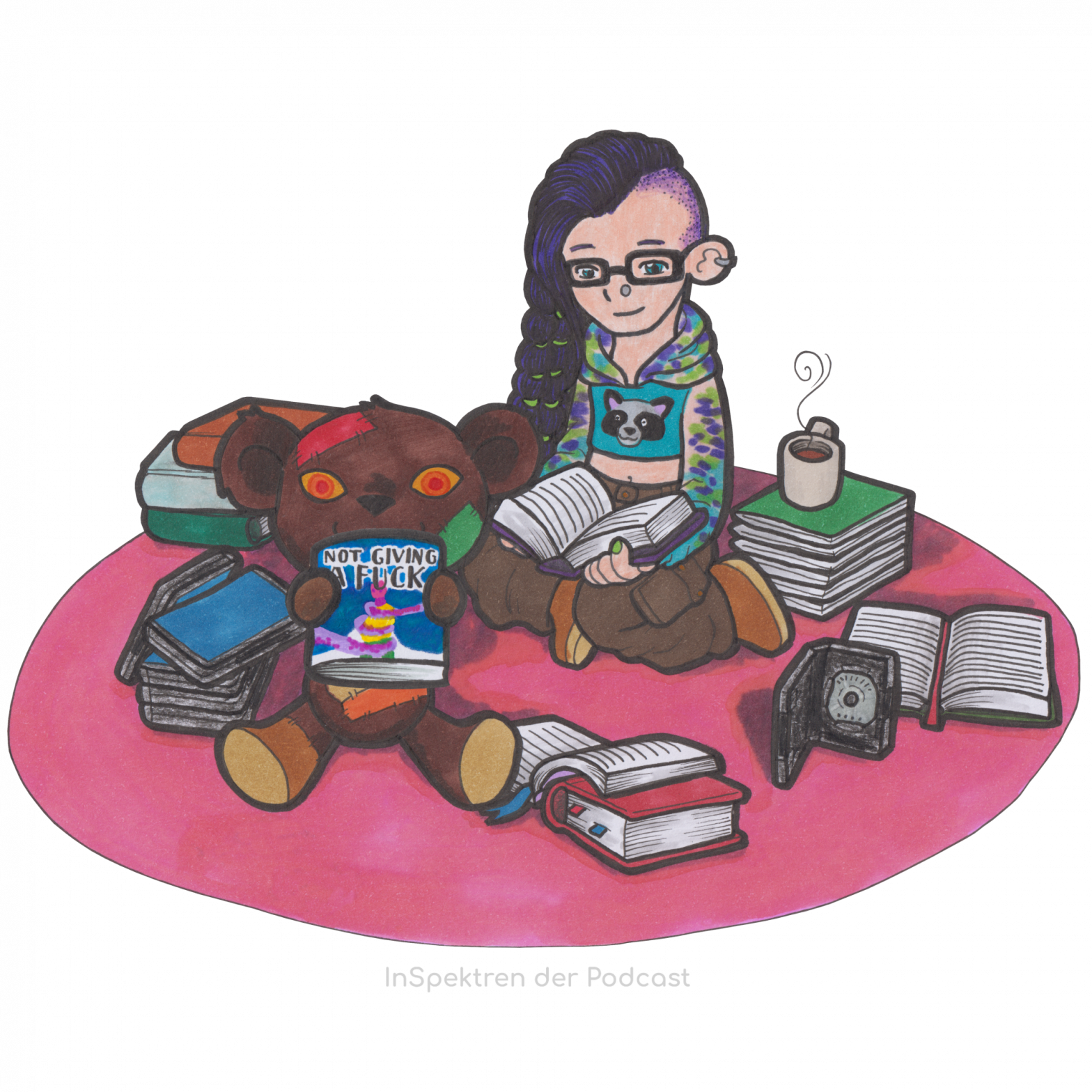 Zu sehen ist Apple, eines der Maskottchen von InSpektren. Apple sitzt auf einem roten Teppich inmitten von Büchern und einer Tasse Tee. Apple liest gerade in einem aufgeschlagenen Buch, dass auf dem Schoß liegt. Links vor Apple sitzt Flick mit einem Buch in der Hand. Das Buch, das Flick hält, zeigt das Cover von Not giving a fuck. Von lustlosem Sex und sexloser Lust: Gesellschaftlichen Zwang überwinden und lebendige Intimität entdecken von Beate Absalon.