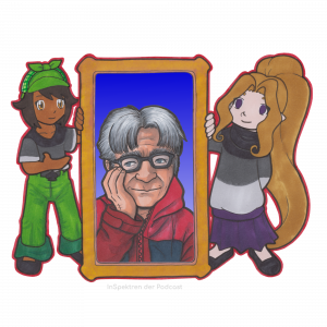 Zu sehen sind Aron und Acey, die einen Bilderrahmen halten. Auf dem Bild ist ein Portrait von Martin vor blauem Hintergrund zu sehen. Martin ist ein älterer Mann mit grauweißen Haaren. Er trägt eine schwarz umrandete Brille und eine rot-schwarze Jacke. Er lehnt mit dem Kopf an der rechten Hand.