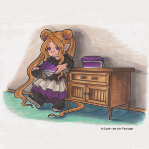 Die InSpektren-Spürnase Acey lehnt an einer Wand neben einer Kommode auf der der sich ein Eimer Farbe befindet. Acey hält eine Farbkarte mit unterschiedlichen Schattierungen der Farben der Ace Flagge und betrachtet diese.