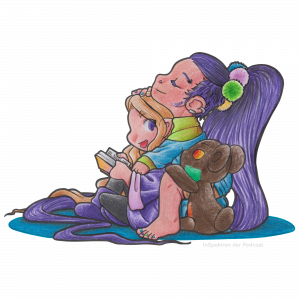 Das Bild zeigt Acey und Apple zwei der Spürnasen von InSpektren. Acey trägt lila Kleidung und sitzt mit einem aufgeschlagenen Buch auf dem Boden. Apple sitzt dahinter auf einem Kissen und umarmt Acey. Apples Kopf und eine Hand liegen auf Aceys Haaren, die andere auf Aceys linker Schulter. Daneben sitzt außerdem der Teddybär Flick, der deine Arme um Apples Bein gelegt hat und Apple umarmt.