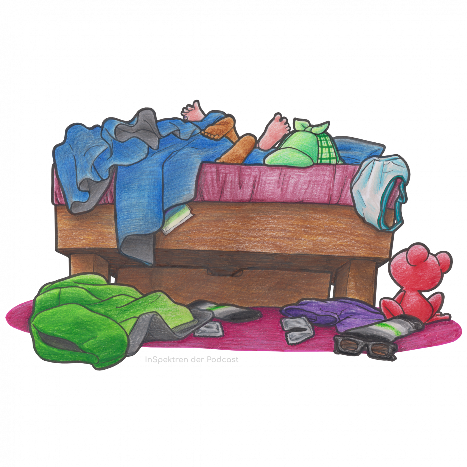 Zu sehen ist das Fußende eines Bettes aus Holz. Auf der roten Matratze und der blauen Decke sind zwei Paar Füße zu sehen, die Betrachter*innen entgegengestreckt werden. Die beiden Personen, denen sie gehören, scheinen zu kuscheln. Auf und rund um das Bett herum liegen außerdem verschiedene Kleidungsstücke. Zu erkennen sind unter anderem Arons Mütze sowie eine grüne Jacke, eine kurze lila Hose und zwei Kleidungsstücke in den Farben der Agender-Prideflagge (fünf Streifen in Schwarz, Grau, Weiß, Grün, Weiß, Grau und Schwarz). Auch eine Brille liegt auf dem Boden. Rechts vom Bett sitzt außerdem ein roter Frosch, der von hinten zu sehen ist.