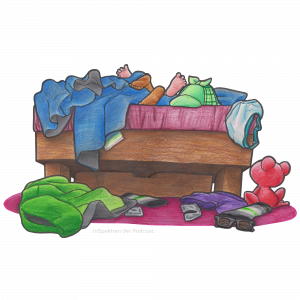 Zu sehen ist das Fußende eines Bettes aus Holz. Auf der roten Matratze und der blauen Decke sind zwei Paar Füße zu sehen, die Betrachter*innen entgegengestreckt werden. Die beiden Personen, denen sie gehören, scheinen gerade Sex zu haben oder zu kuscheln. Auf und rund um das Bett herum liegen außerdem verschiedene Kleidungsstücke. Zu erkennen sind unter anderem Arons Mütze sowie eine grüne Jacke, eine kurze lila Hose und zwei Kleidungsstücke in den Farben der Agender-Prideflagge (fünf Streifen in Schwarz, Grau, Weiß, Grün, Weiß, Grau und Schwarz). Auch eine Brille und etwas das ein aufgerissenes Kondompäckchen sein könnte, liegen auf dem Boden. Rechts vom Bett sitzt außerdem ein roter Frosch, der von hinten zu sehen ist.