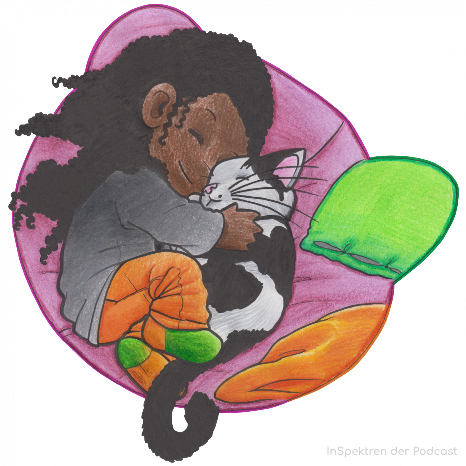 Das Bild zeigt Asenia eines der Maskottchen von InSpektren. Asenia trägt ein graues T-Shirt, eine orangene Hose sowie Socken in orange und grün. Asenia kuschelt eine schwarzweiße Katze. Daneben sind außerdem Teile eines grünen und eines orangenen Kissens zu sehen.