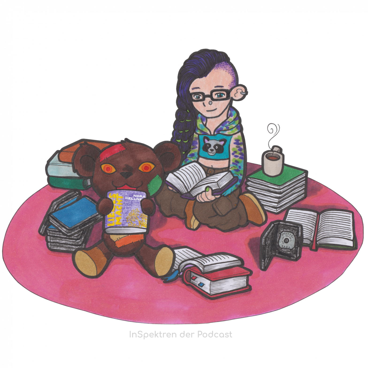Zu sehen ist Apple, eines der Maskottchen von InSpektren. Apple sitzt auf einem roten Teppich inmitten von Büchern und einer Tasse Tee. Apple liest gerade in einem aufgeschlagenen Buch, dass auf dem Schoß liegt. Links vor Apple sitzt Flick mit einem Buch in der Hand. Das Buch, das Flick hält, zeigt das Cover von LiebesMacht. Über Freund*innenschaft, Aromantik und die Dekonstruktion von romantischen Beziehungen von Nora Kellner.