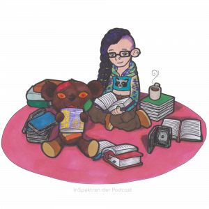 Zu sehen ist Apple, eines der Maskottchen von InSpektren. Apple sitzt auf einem roten Teppich inmitten von Büchern und einer Tasse Tee. Apple liest gerade in einem aufgeschlagenen Buch, dass auf dem Schoß liegt. Links vor Apple sitzt Flick mit einem Buch in der Hand. Das Buch, das Flick hält, zeigt das Cover von LiebesMacht. Über Freund*innenschaft, Aromantik und die Dekonstruktion von romantischen Beziehungen von Nora Kellner.