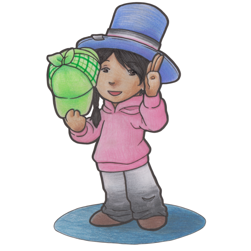 Anael steht, er grüßt dabei lächelt die betrachtende Person und hält triumphierend in der rechten Hand Arons Deerstalker-Mütze. Er trägt einen blauen Zylinder mit einem Hutband in den Farben der aästhetischen Flagge und auch sein Hoody seine Jogginghose sind in diesem Farbbeschreibung  gehalten.